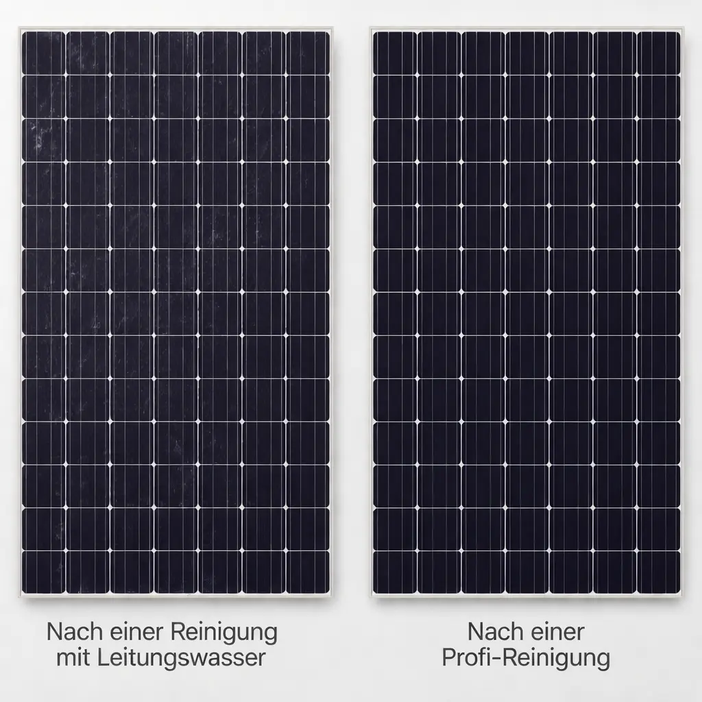 Ein Vergleichsbild: Links eine Solarplatte mit weißen Kalkrändern nach einer Reinigung mit Leitungswasser, rechts eine streifenfreie Platte nach einer Profi-Reinigung.